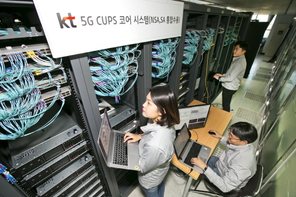 KT 직원들이 CUPS 기술이 적용된 5G 코어장비를 구축완료하고 시험하는 모습.ⓒKT