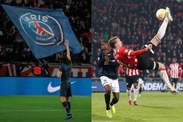 결승골을 넣은 PSG의 카바니(왼쪽)와 시저스킥을 하고 있는 PSV의 루크 데 용. ⓒPSG, PSV