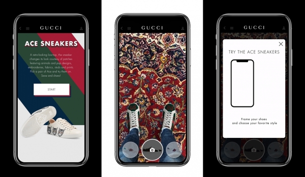 구찌가 ‘구찌 앱(Gucci App)’을 통해 구찌의 대표 제품 에이스(Ace) 스니커즈를 가상으로 ‘착용(Try-on)’해 볼 수 있는 증강현실(AR) 기술을 공개했다. ⓒ구찌