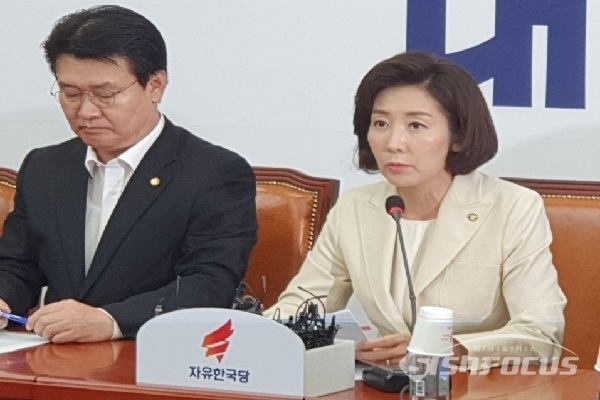 나경원 자유한국당 원내대표가 19일 국회에서 열린 원내대책회의에서 발언하고 있다. 사진 / 박상민 기자