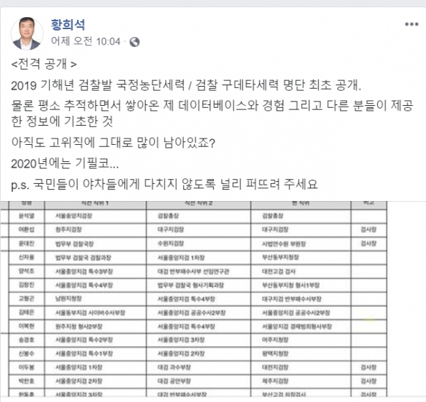 황희석 열린민주당 비례후보가 자신의 페북에 게시한 검찰명단(화면캡쳐/정유진기자)