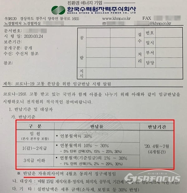 한국수력원자력이 직원들에게 보낸 '코로나-19 고통 분담을 위한 임금반납 시행 알림' 공문. 전 직급에 적용되며 자유의사라는 말이 붙어있다. ⓒ독자 제보