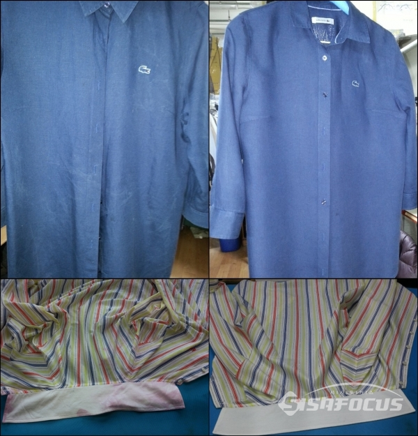 손윤식 씨의 전문 세탁업체에서 세탁한 셔츠들. 오염 및 이염된 상태(왼쪽)에서 깨끗하게 세탁이 된 것을 볼 수 있다. ⓒ손윤식 씨 제공