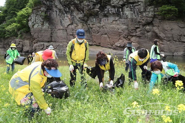 유네스코 울산시민단이 반구대암각화 일원에서 환경정비 활동을 하는 모습. 사진/울산시