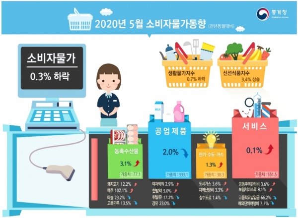 통계청이 ‘5월 소비자 물가 동향’을 발표했다. 지난달 소비자 물가지수는 104.71로 지난해 같은 달에 비해 0.3% 하락했다. ⓒ통계청