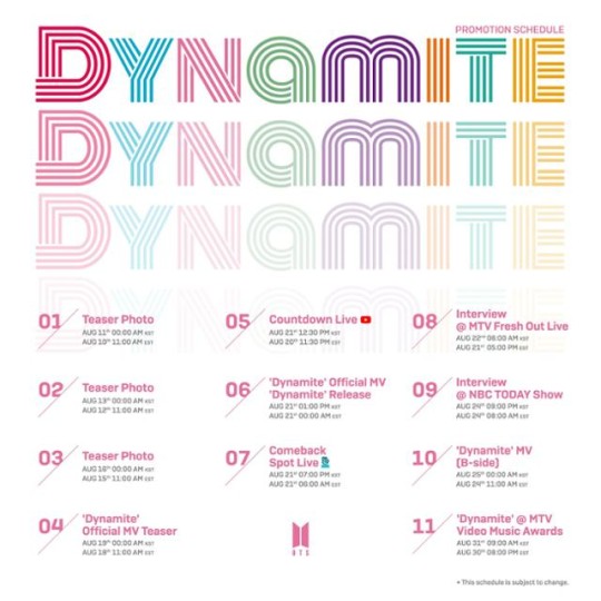 그룹 방탄소년단이 새 싱글 'Dynamite'의 프로모션 스케줄을 공개했다 / ⓒ빅히트엔터테인먼트