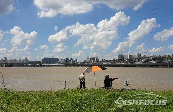 높은하늘에 선선한 바람이 부는 한강변에서 한가롭게 낚시를 즐기는 시민들 모습.  사진/강종민 기자