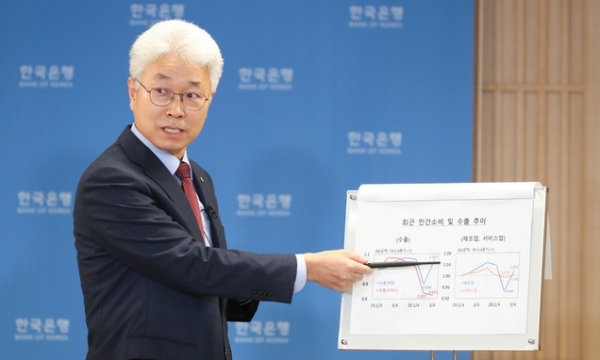 박양수 한국은행 경제통계국장이 2020년 3/4분기 실질 국내총생산에 대해 그래프를 보이며 설명하고 있다. ⓒ한국은행