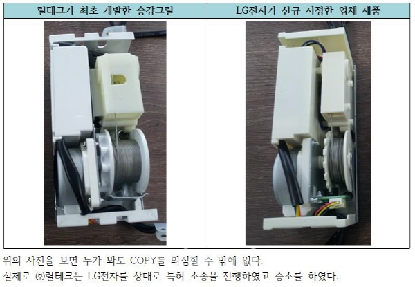 (주)릴테크의 승강장치(사진 왼쪽)와 LG전자가 사용하고 있는 타 업체 승강장치. 사진제공=국감자료 캡쳐