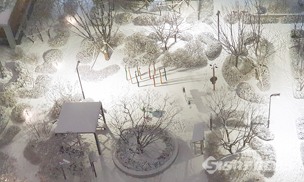 모처럼 많은 눈이 내려 하얀 눈으로 뒤덮힌 아파트 단지 풍경.    사진/강종민 기자