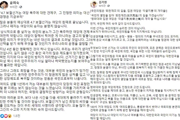 국민의힘 윤희숙 의원(좌)과 같은 당 김기현 의원(우)이 선거 다음 날인 8일 자신의 페이스북에 올린 글. ⓒ윤희숙, 김기현 의원 페이스북
