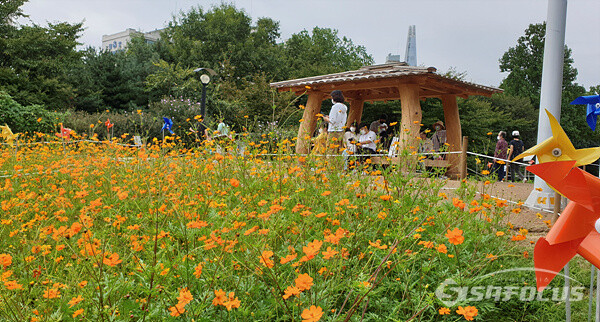25일 서울 송파구 올림픽공원 들꽃마루를 찾은 시민들이 원두막에서 꽃구경을 하며 휴식을 즐기고있다.  사진/강종민 기자