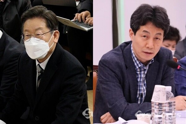 (좌측부터) 이재명 더불어민주당 대선후보, 윤건영 민주당 의원. 사진 / 시사포커스DB
