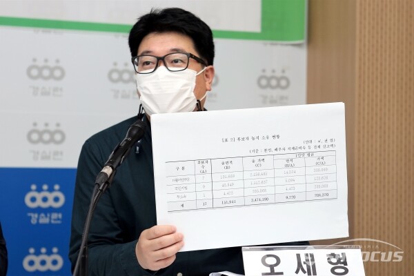 경실련, 전국농민회총연맹, 전국여성농민회총연합, 한국친환경농업협회 관계자들이 기자회견을 하고 있다. [사진 / 오훈 기자]