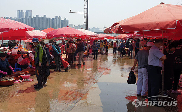 방금 잡아온 싱싱한 생선을 사기위해 북적이는 소래포구 어시장 모습.  사진/강종민 기자