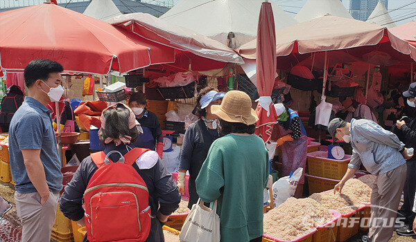 소래포구 어시장에서 5월의 새우젓 오젓을 담기 위해 주부들이 새우를 구입하는 모습.  사진/강종민 기자