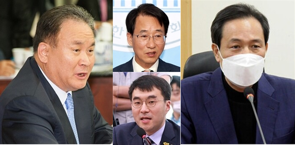 (왼쪽부터) 더불어민주당 이상민 의원, 이원욱 의원(중간 위), 김남국 의원(중간 아래), 우상호 비상대책위원장. 시사포커스DB