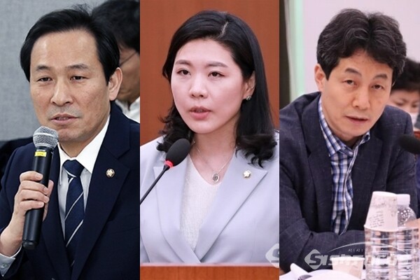(좌측부터) 민주당 우상호, 신현영, 윤건영 의원. 사진 / 시사포커스DB