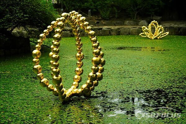 덕수궁 연못에 전시중인 장-미셀 오토니엘의 황금빛 구슬조각 작품. 사진/유우상 기자