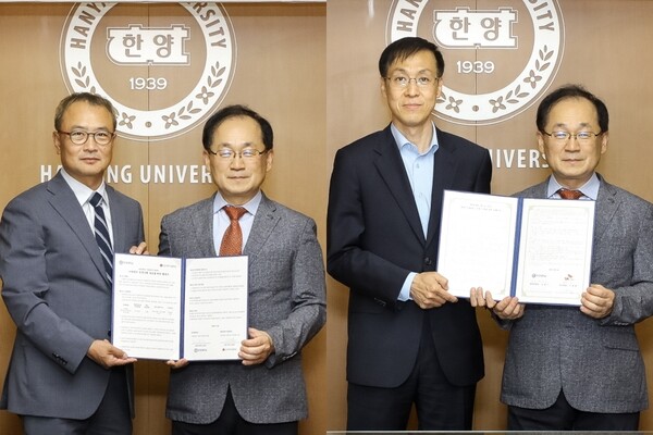 한양대와 LG에너지솔루션(좌)· SK온은 배터리 전문인력 양성을 위해 산학협력 업무협약을 지난 22일 체결했다. ⓒ한양대학교