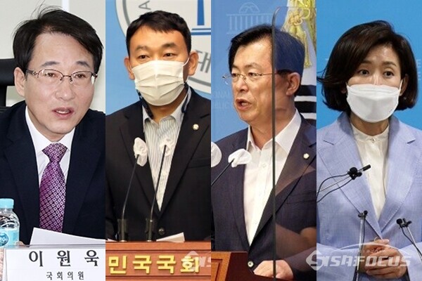 (좌측부터) 더불어민주당 이원욱, 김용민 의원, 국민의힘 이만희 의원, 나경원 전 의원. 사진 / 오훈 기자, 권민구 기자