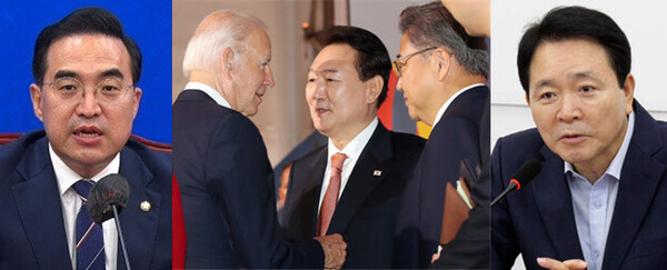 (왼쪽부터) 박홍근 더불어민주당 원내대표, 윤석열 대통령이 박진 외교부 장관과 함께 조 바이든 미국 대통령과 만남을 갖고 있는 모습, 성일종 국민의힘 정책위의장. 사진 / 시사포커스DB(좌, 우), ⓒ뉴시스(중)