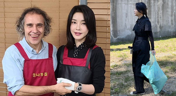 안나의집 운영자인 김하종 신부가 지난 15일 자신의 페이스북에 김건희 여사가 안나의집에서 설겆이 등의 봉사활동을 하는 사진(좌측사진)을 올렸다. 우측은 김 여사가 양평 안데르센 메모리얼 파크를 찾아 묘역 주변의 정리하고 있는 모습. 사진 / ⓒ김하종 신부 페이스북(좌), ⓒ뉴시스(우)