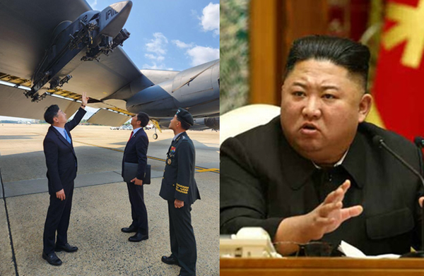 신범철 국방부 차관(좌측)이 B-52 전략폭격기의 핵탄두 탑재 부분을 한인 대표단과 함께 확인하는 모습(좌)과 김정은 북한 국무위원장(우) / ⓒ국방부 제공, ⓒ뉴시스