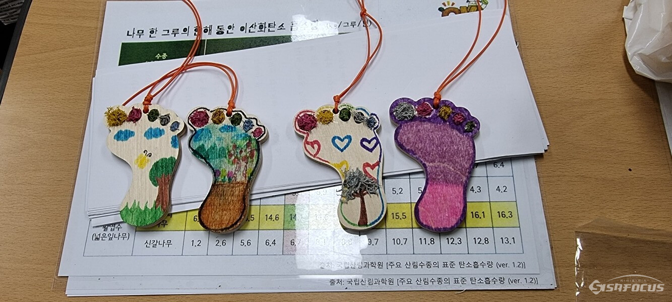 21일 창포중학교 3학년 학생들이 분리배출 골든벨과 탄소중립 발자국 꾸미기 체험을 하고 있다. 사진/엄명숙 기자