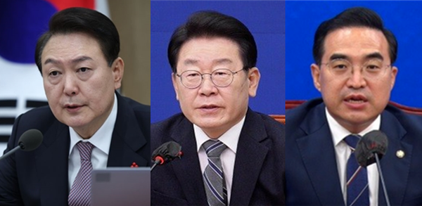 (왼쪽부터) 윤석열 대통령, 이재명 더불어민주당 대표, 박홍근 민주당 원내대표. 시사포커스DB