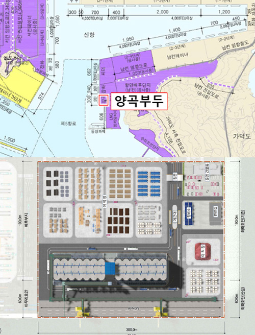 부산항 신항 양곡부두 위치도와 평면도 / ⓒ해수부