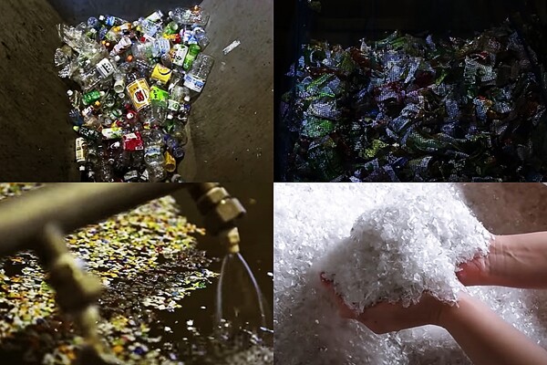 고품질 A급 플레이크가 나올 때 까지 프로모션 영상. 라벨을 떼지 않은 채 선별기에 넣어진 페트병들 (사진 상 좌), 풍력선별에 떨어져 나간 페트병 라벨 들 (사진 상 우), 물에서 비중분리를 통해 완전히 제거된 라벨 (사진 하 좌), A급 레벨의 프레이크(사진 하 우) ⓒNihonCim