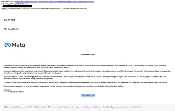 해커가 페이스북을 운영하는 ‘메타’ 정책팀을 사칭해 보내는 피싱 메일. ⓒ안랩