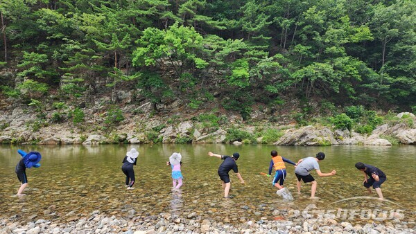 학생들이 부모님과 함께 물놀이를 하고 있다. 사진/엄명숙 기자