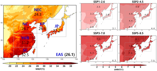 동아시아지역 여름철 열스트레스 지수 현황 및 전망 (좌측은 현재, 우측은 온도변화에 따른 지수) / ⓒ기상청