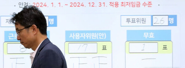 박준식 최저임금위원장이 지난달 19일 새벽 세종시 정부세종청사에서 2024년도 적용 최저임금에 대한 투표 결과 앞을 지나고 있다. 내년도 최저임금은 9860원으로 결정됐다 / ⓒ뉴시스