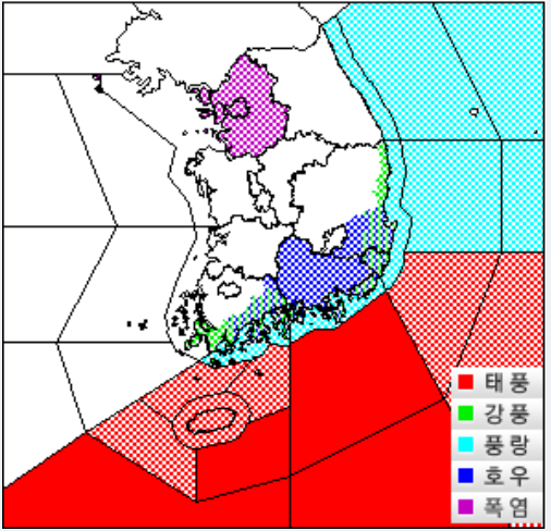 기상청이 발표한 8월 9일 오후3시 이후 발효되는 태풍(적색), 호우, 폭염 분포 지도. (기상청 제공)