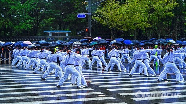 26일 국군의 날 시가행진 시작 전 국군태권도 부대원들이 덕수궁 앞에서 태권도 시범을 보여주고 있다.      사진/유우상 기자