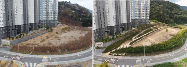 광양시 광영·의암지구 '도시숲' 조성사업 전(왼쪽)·사업 후(오른쪽){사진/광양시]