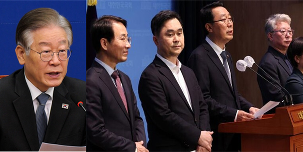 (왼쪽부터) 더불어민주당 이재명 대표, 이원욱 의원, 김종민 의원, 윤영찬 의원, 조응천 의원. 사진 / 시사포커스DB(좌), ⓒ뉴시스(우)