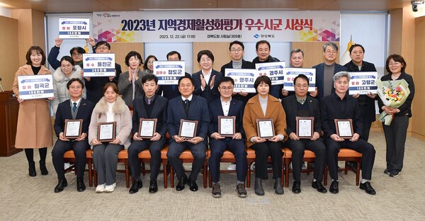 22일 이달희 경북도 경제부지사(둘째줄 중앙)가 2023년 지역경제활성화 평가에서 우수한 성적을 거둔 8개 시군과 함께 기념 촬영을 하고 있다. 사진/경북도