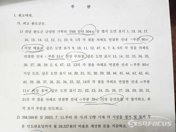 광주지방법원 해남지원이 피고인 완도군에 내린 판결문 복사. 사진/제보자 제공