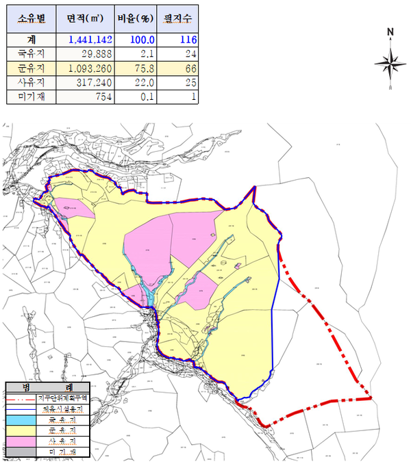 산림레포츠 휴양단지 내 골프장 예정부지 소유자 현황도(노란색이 군유지).ⓒ청송군