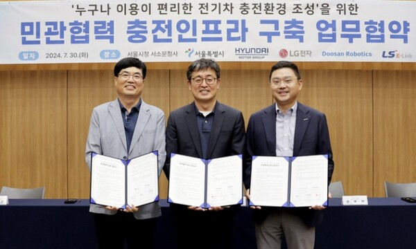 30일 LG전자, 두산로보틱스, 서울시청은 서울시 중구 소재 서울시청 서소문청사에서 이용하기 편리한 전기차 충전 인프라 구축을 위한 업무협약을 체결했다. ⓒ두산