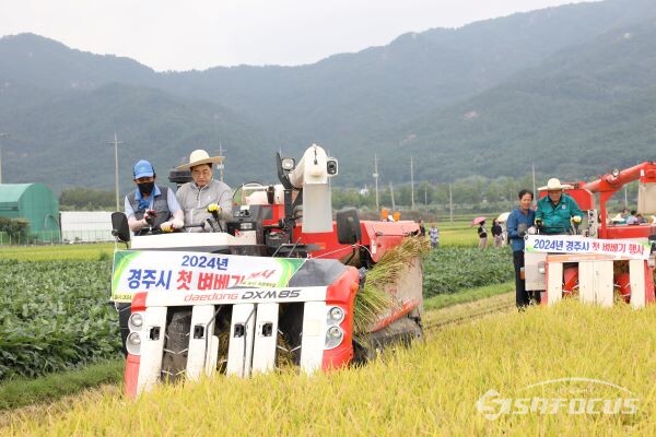 콤바인을 직접 운전해 벼 베기 작업을 하고 있는 주낙영 시장(앞)과 이동협 시의장(뒤) 모습. 사진 / 김인철 기자