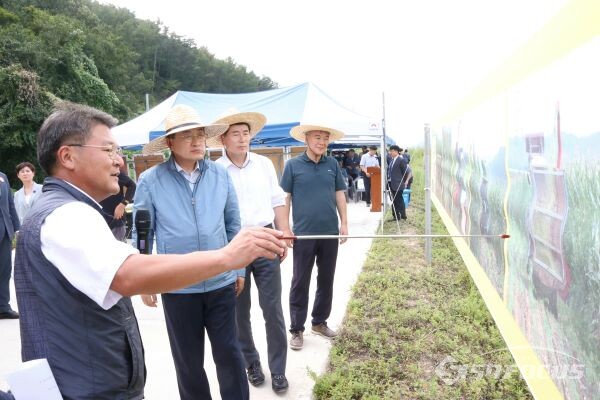 농업기술과 김태우 팀장(맨 앞)이 주낙영 시장에게 사료용 옥수수에 대해 설명하고 있는 모습. 사진/경주시