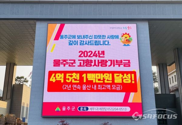 울주군의 고향사랑기부금 4억5천100만원 달성을 알리는 안내판 모습. 사진/울주군