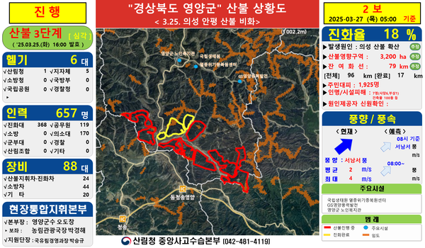 27일 오전 5시 기준 영양군 산불상황도(진화율 18%)ⓒ산림청