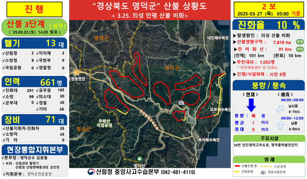 27일 오전 5시 기준 영덕군 산불상황도(진화율 10%)ⓒ산림청