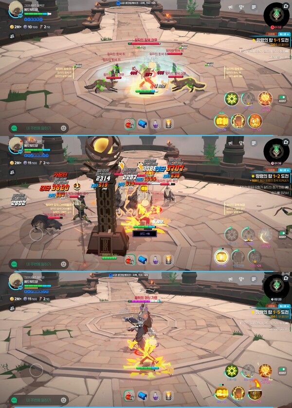 위에서부터 1-1층, 1-2층, 1-5층 전투 모습. 각 층마다 다른 미션을 수행한다. ⓒ마비노기 모바일 앱 캡쳐